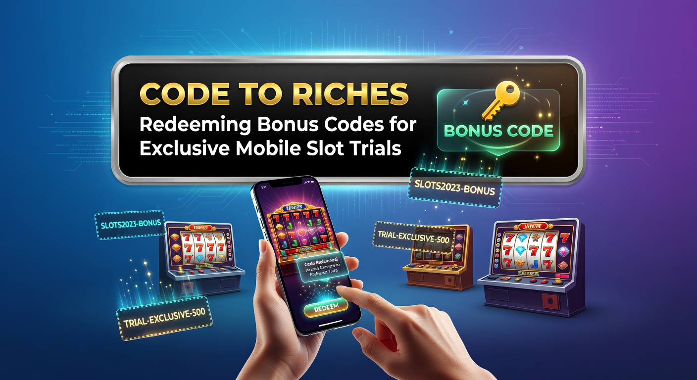 Smartphone displaying a vibrant mobile slot game interface with bonus code entry field glowing on screen, highlighting exclusive trial access