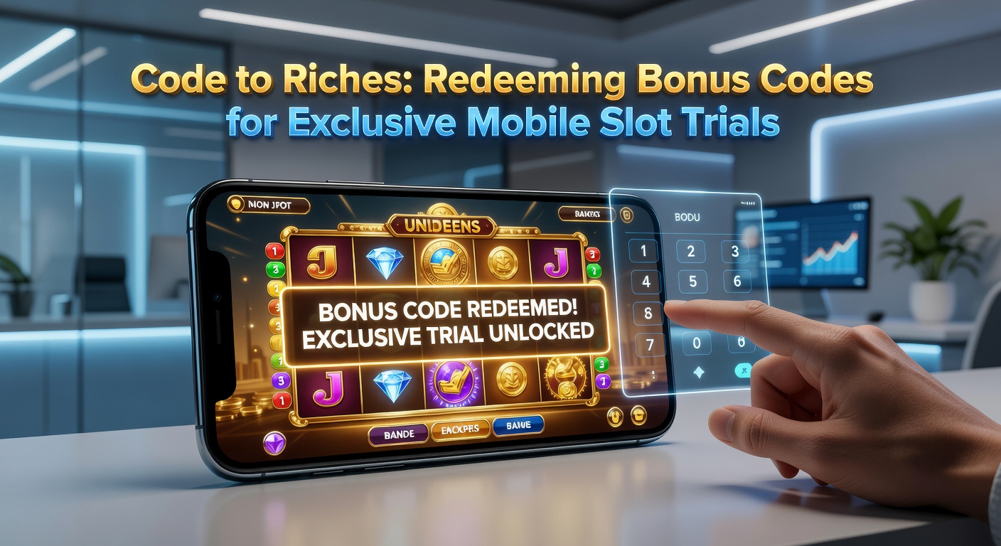 Close-up of fingers on a mobile screen entering a bonus code, with slot reels spinning in the background and virtual coins bursting out