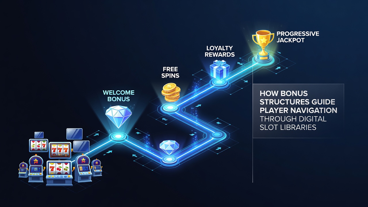 Illustration of player navigation paths through categorized slot libraries influenced by active bonuses