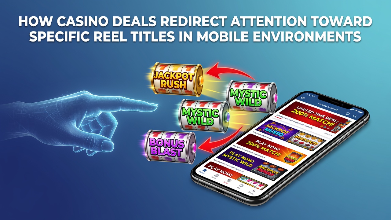 Mobile casino app interface showing highlighted slot titles with promotional banners and deal notifications