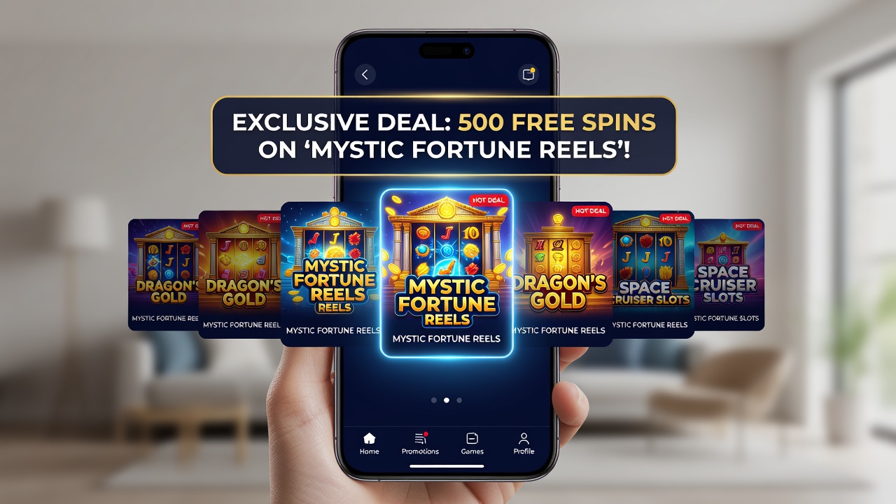 Close-up view of mobile slot lobby with deal-tagged games and notification overlays guiding user selections