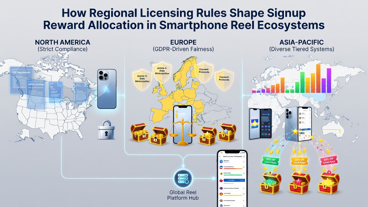 Smartphone screen displaying regional licensing details and signup reward options for reel-based games
