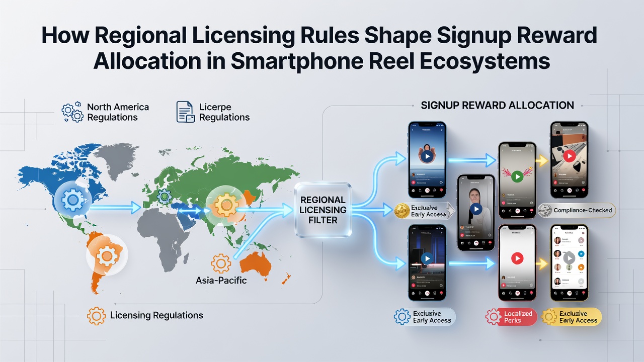 Map overlay showing different regulatory zones and corresponding signup reward allocations for mobile reel platforms