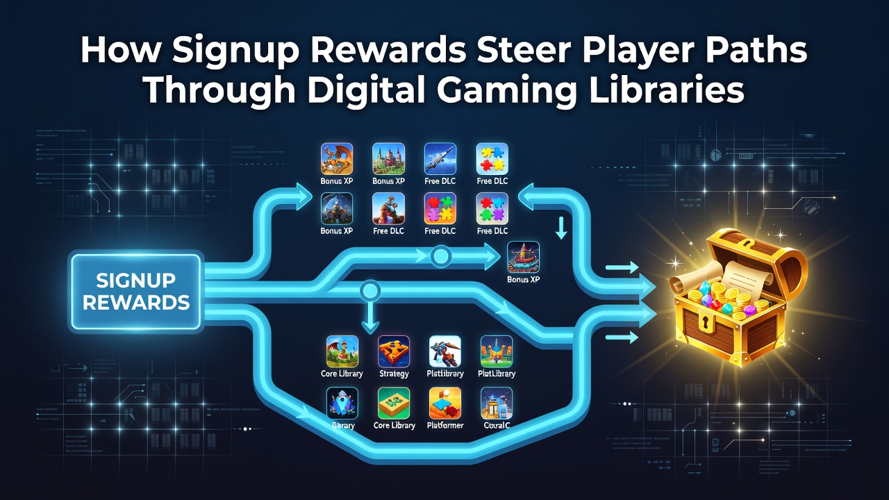 Digital interface showing signup reward prompts leading players toward specific game categories in an online casino library