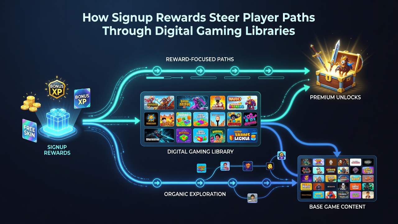 Analytics dashboard displaying player navigation paths from signup rewards into various sections of a digital gaming library