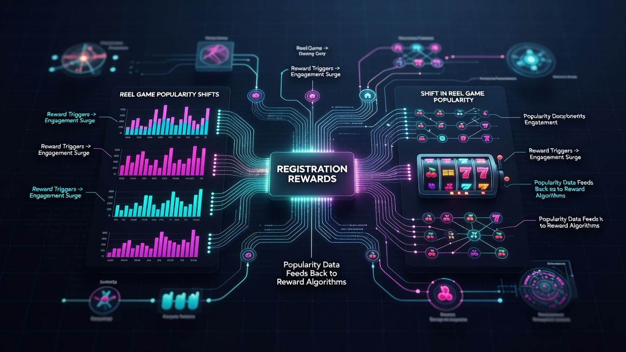 Network diagram showing how registration rewards connect to shifts in reel game popularity metrics