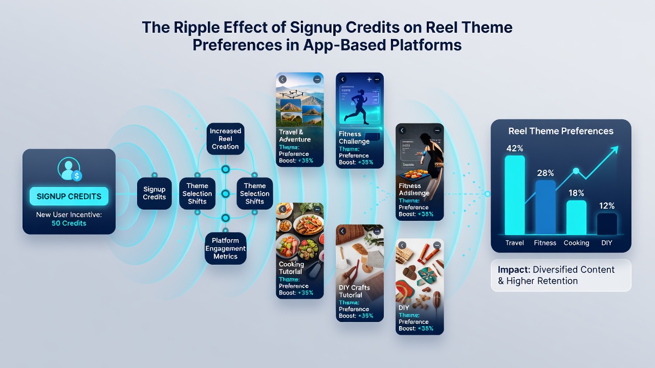 Analytics dashboard screenshot illustrating shifts in reel theme popularity after users redeem signup credits
