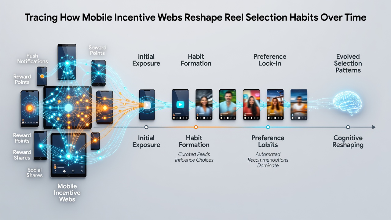 Illustration showing mobile devices displaying slot games connected through layered incentive networks that guide player reel selections